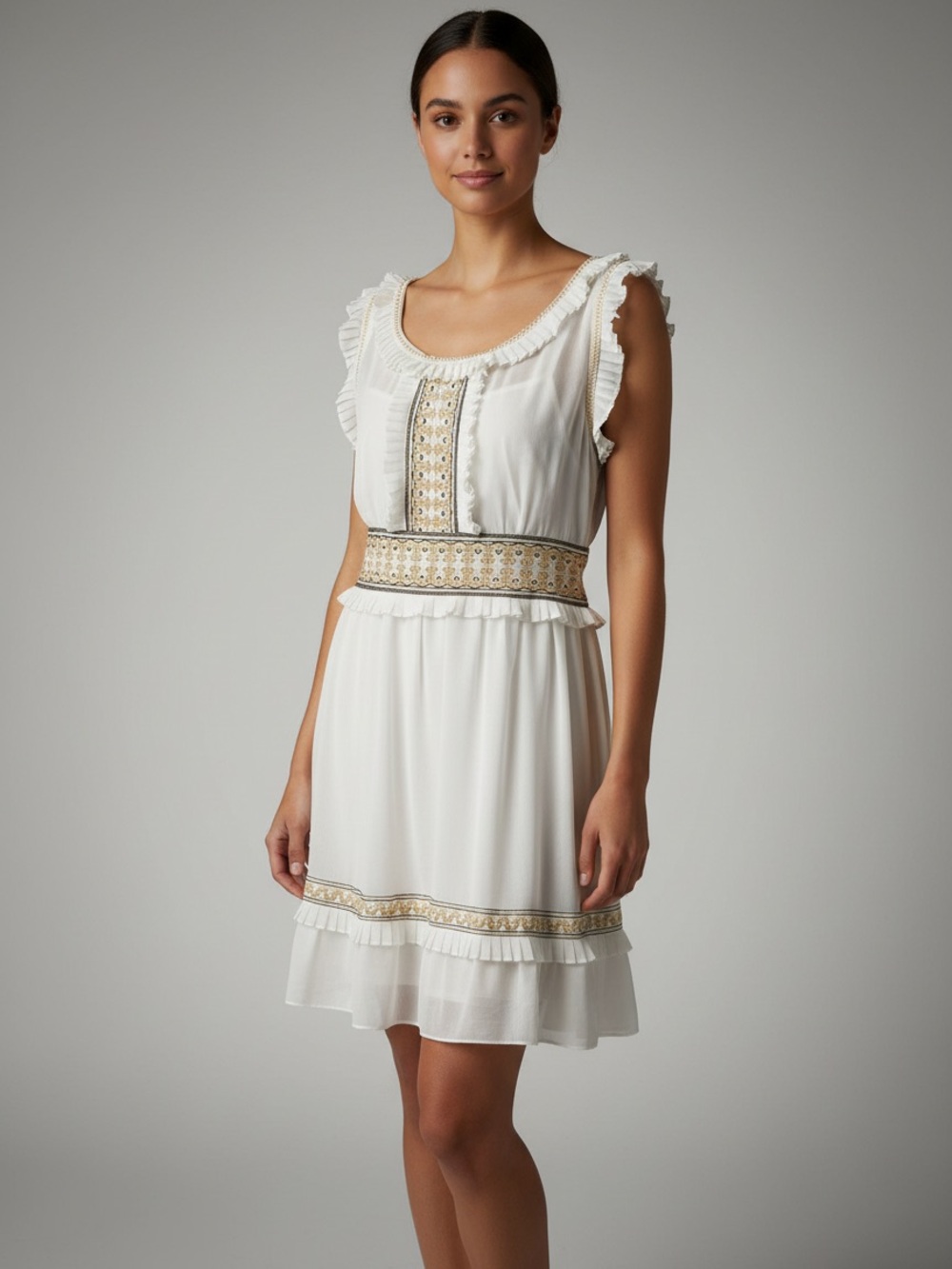 Max Studio White Sleeveless Ruffled Dress w/ Gold Trim + Detachable Lining Sz S
